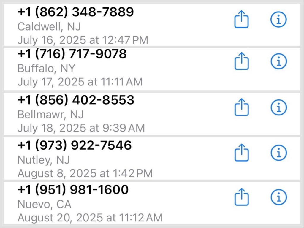 Collage de 5 captures d'écran des numéros de téléphone