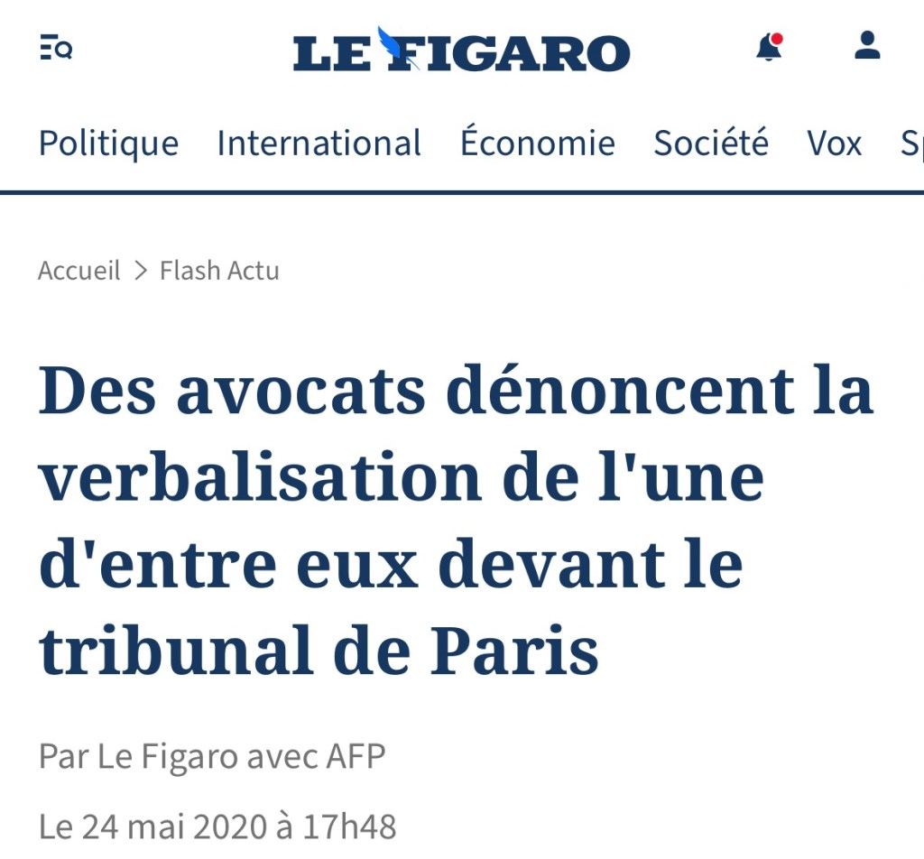 Gros-titre : « Des avocats dénoncent la verbalisation de l'une d'entre eux devant le tribunal de Paris »