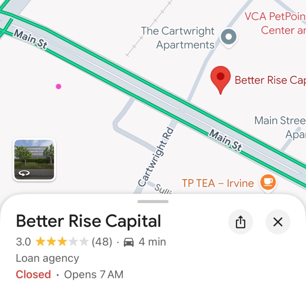 Carte d'Irvine avec l'adresse de Better Rise Capital épinglée
