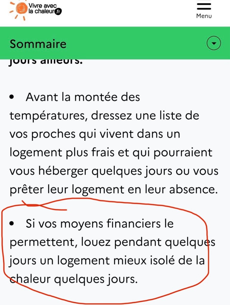 Capture d'écran qui dit en partie « Si vos moyens financiers le permettent, louez pendant quelques jours un logement mieux isolé de la chaleur quelques jours. »