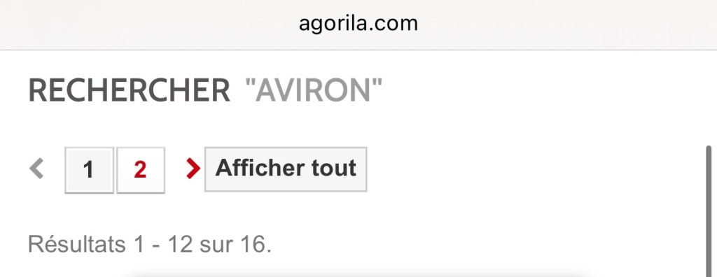 Capture d'écran du site de la maison de disques Agorila -- 16 résultats en recherchant « Aviron ».