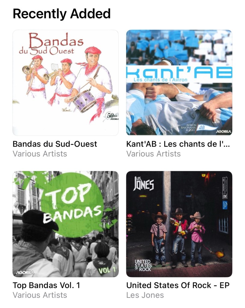 Capture d'écran des 4 derniers albums ajoutés à ma bibliothèque iTunes, dont les 3 venant de chez Agorila mentionnés dans ce post.