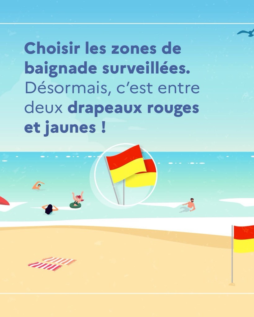 C'est un graphique qui dit « Choisir les zones de baignade surveillées. Désormais, c'est entre deux drapeaux rouges et jaunes ! » Il y a un dessin avec deux drapeaux sur la plage, rouge sur la moitié en haut, jaune en bas.