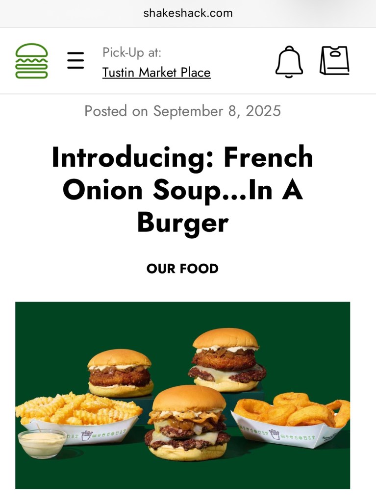 Photo de publicité avec la légende : « Présentant : la soupe à l'oignon… en forme de burger »