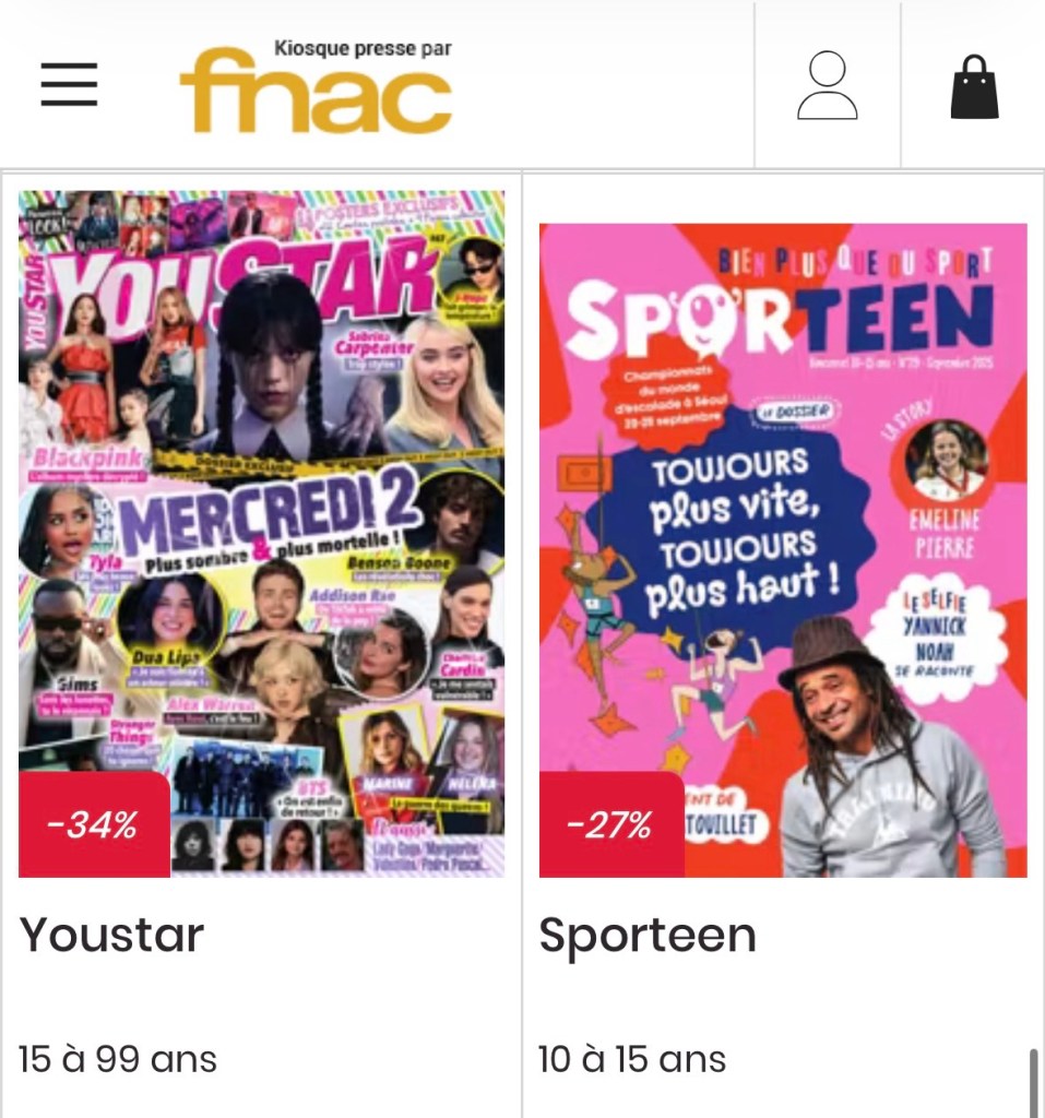 Site d'abonnements de la FNAC avec les magazines YouStar et Sporteen. La légende au-dessous YouStar dit 15 à 99 ans ; celle au-dessous de Sporteen dit 10 à 15 ans. 