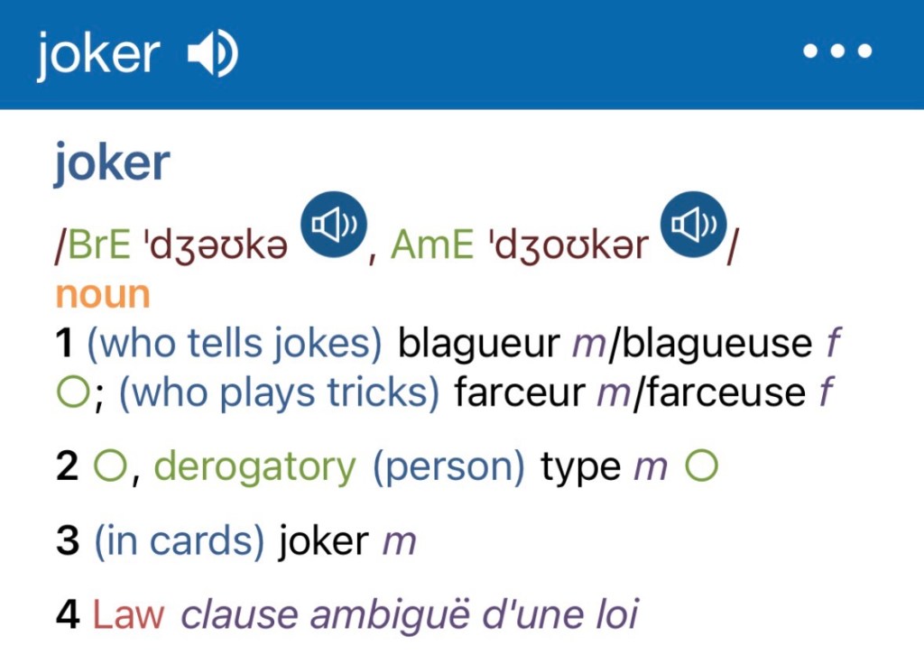 Capture d'écran des 4 sens du mot joker en anglais, traduites en français, du dictionnaire Oxford