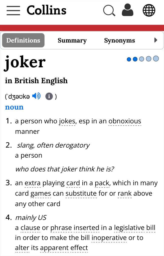 Capture d'écran des 4 sens du mot joker en anglais britannique du dictionnaire Collins