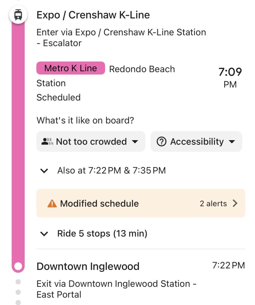 Capture d'écran du trajet de Crenshaw jusqu'au centre-ville d'Inglewood