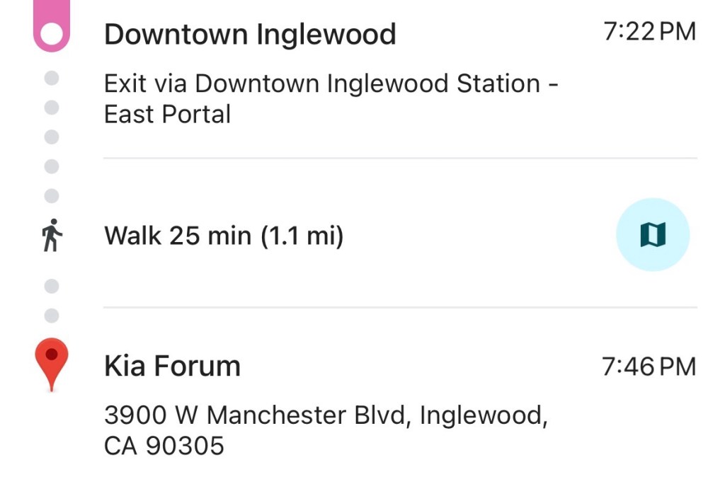 Capture d'écran de la dernière étape, la balade entre Inglewood et le Kia Forum.
