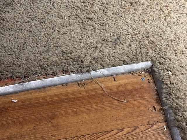 Photo du bord de la moquette. Il y a une barre en métal à laquelle la moquette est censée tenir. Cependant, elle s'est arrachée de la barre. En plus, c'est bien sale, pas surprenant sans remplacement pendant 15 ans.
