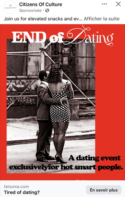 Photo en noir et blanc d'un couple, vu de derrière, avec la légende en anglais que c'est un événement uniquement pour des gens sexy et intelligents.  