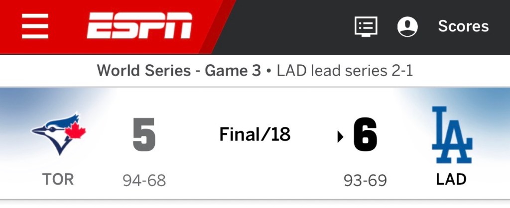 Capture d'écran du score du match : les Dodgers gagnent 6-5 sur les Blue Jays