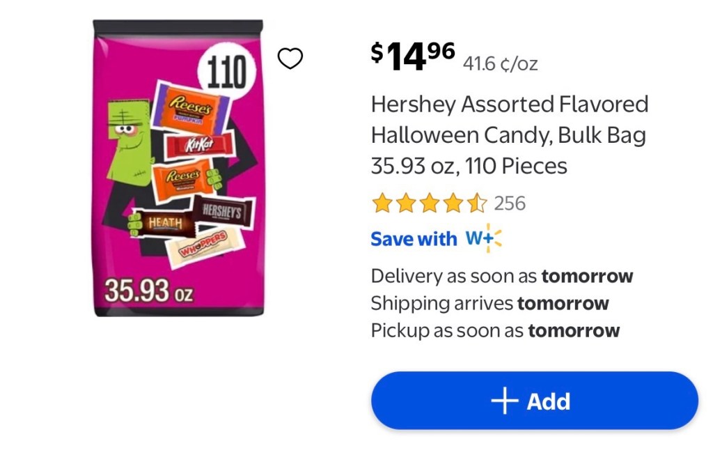 Capture d'écran d'un sac de 110 bonbons Hershey's chez Walmart ainsi que son prix, 14,96 $