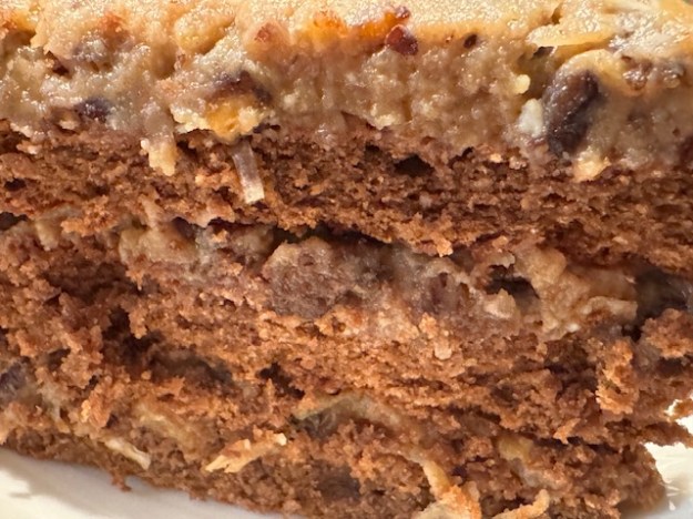 La même part en gros plan pour voir de proche les couches de gâteau et de glaçage. On peut voir que le glaçage est presque aussi épais que les couches de gâteau -- c'est très régulier.