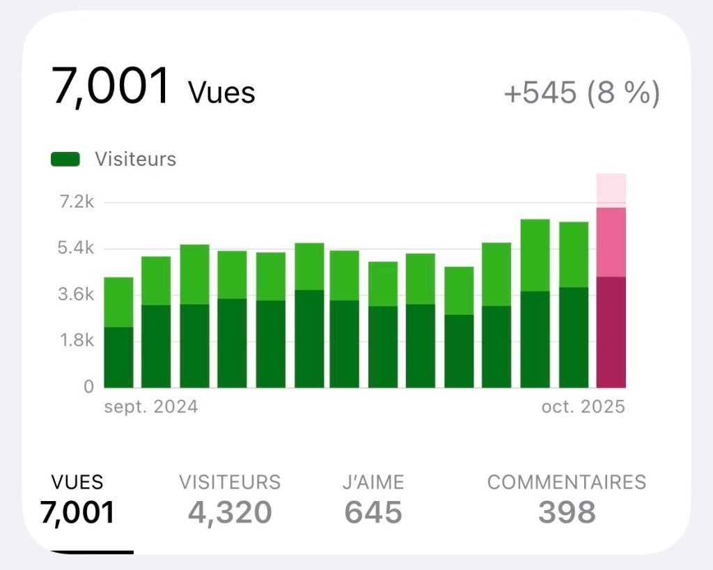 Capture d'écran des statistiques mensuelles du blog -- 7 001 vues en octobre (j'ai fin avec 7 071 sur 4 382 visites.