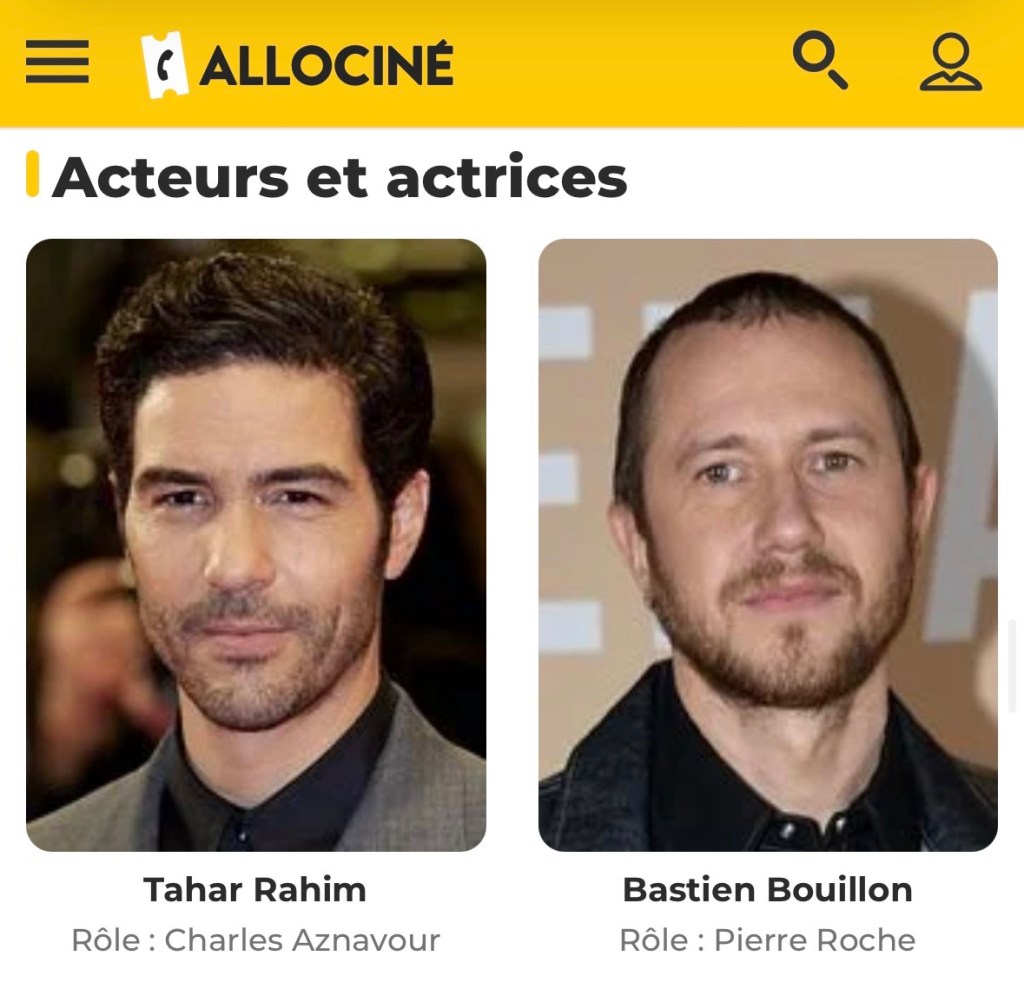 Capture d'écran de la distribution de « Monsieur Aznavour » : Tahar Rahim et Bastien Bouillon