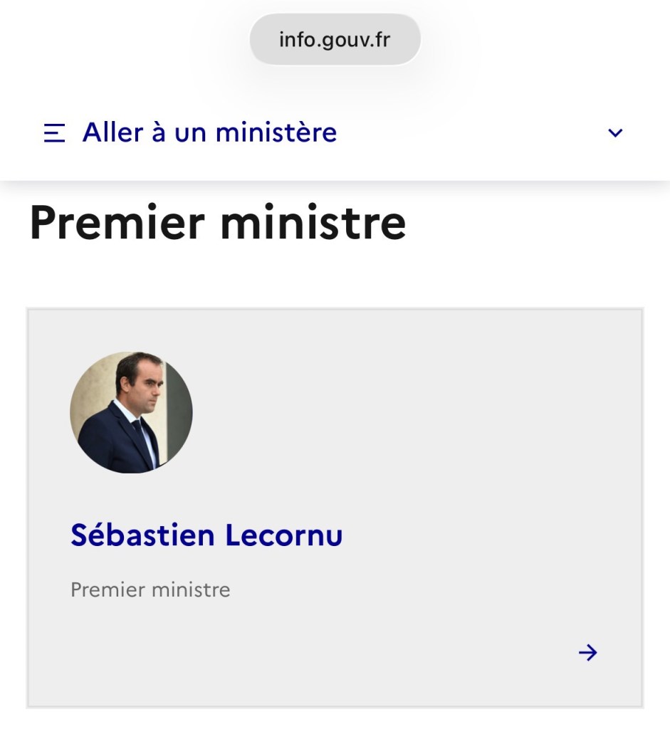 De la page « Composition du gouvernement », une photo intitulée « Sébastien Lecornu, Premier ministre »