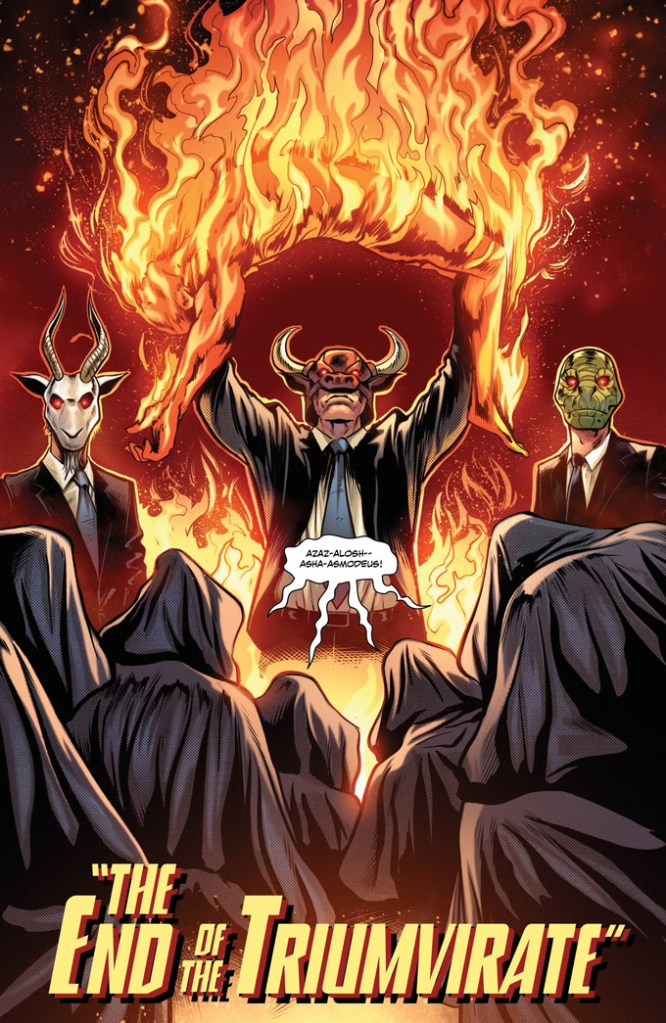 Deuxième page, un dessin qui couvre la page entière. De gauche à droite, il y a trois hommes qui portent un masque de chèvre, de taureau et de serpent. Ils sont entourés par des flammes. Devant eux, une foules d'hommes cagoulés chantent à Asmodée.