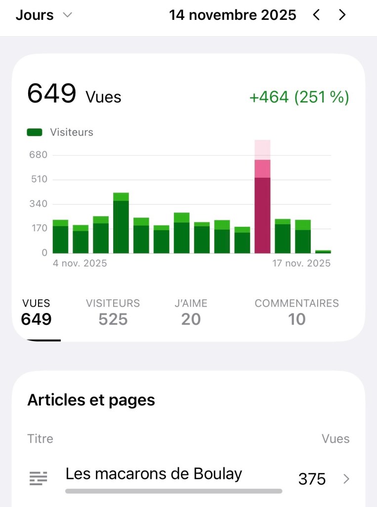 Capture d'écran des statistiques du 14 novembre : 649 vues, dont 375 uniquement pour les macarons de Boulay.