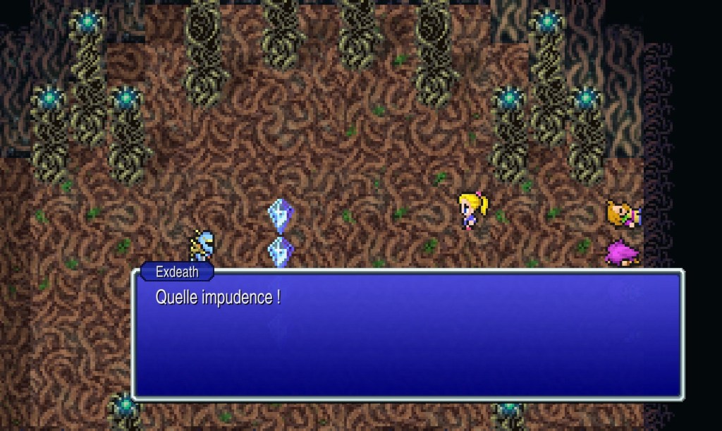 Exdeath apporte 3 cristaux (le 4e vient d'être brisé par le parti) et dit « Quelle impudence ! ».