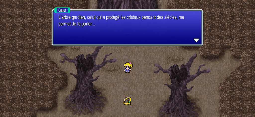 L'esprit de Galuf apparaît et dit : « L'arbre gardien, celui qui a protégé les cristaux pendant des siècles, me permet de te parler... »