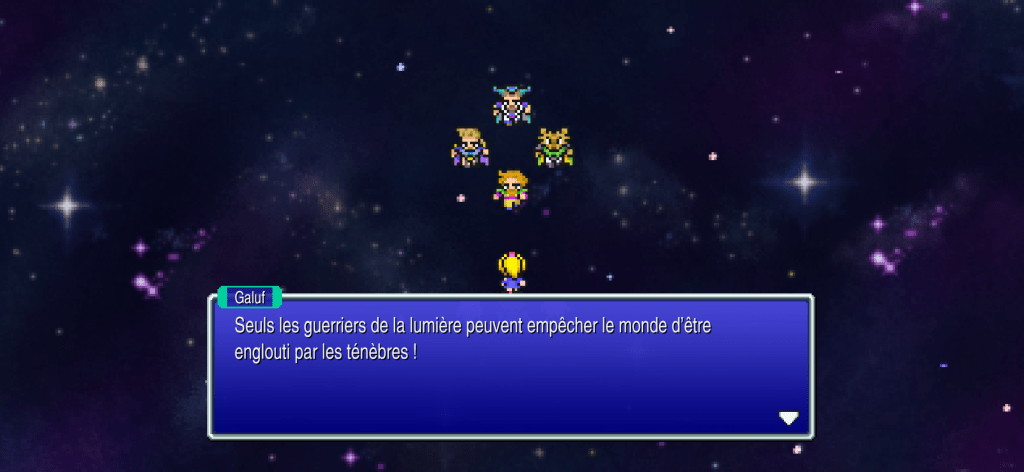 Galuf : « Seuls les guerriers de la lumière peuvent empêcher le monde d'être englouti par les ténèbres ! »