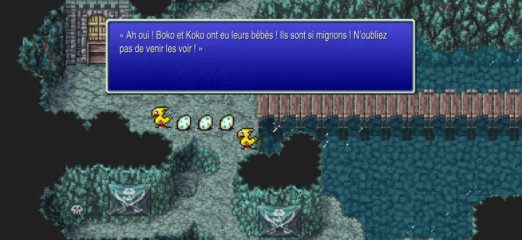 On voit deux chocobos et 3 œufs. Krile dit : « Ah oui ! Boko et Koko ont eu leurs bébés ! Ils sont si mignons ! N'oubliez pas de venir les voir!»