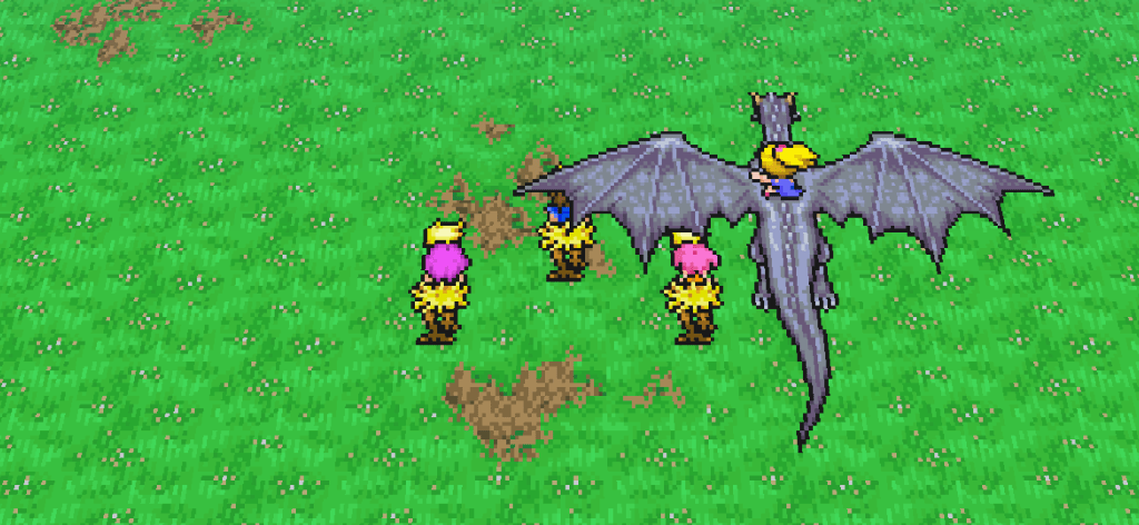 Trois membres du parti montent sur des chocobos, alors que Krile monte sur son dragon.
