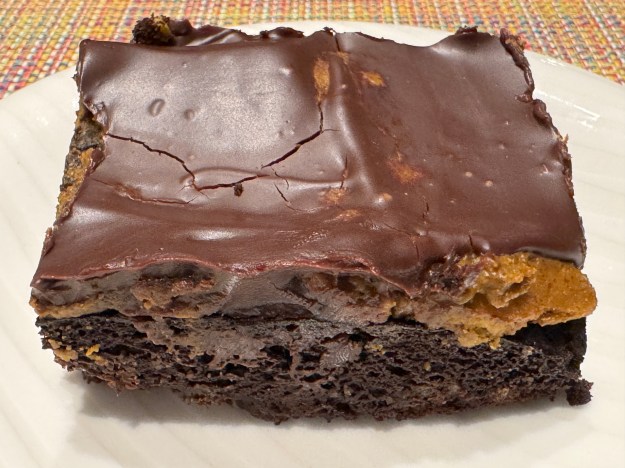 Brownie chocolat-pistache en gros plan. On peut voir trois couches du fond : de brownie, de praliné pistache, et de ganache au chocolat