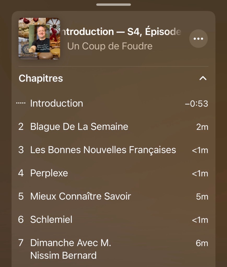 Capture d'écran d'Apple Podcasts qui montre les 7 premiers chapitres de l'épisode 36, tout sauf la fin.