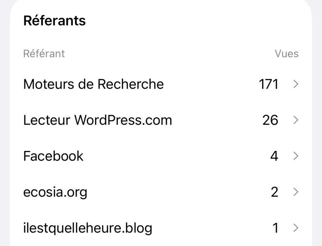 Liste de référants avec les moteurs de recherche en tête avec 171 ; le reste ne comprennent que 40, mais il y avait environ 450 visiteurs selon les statistiques.