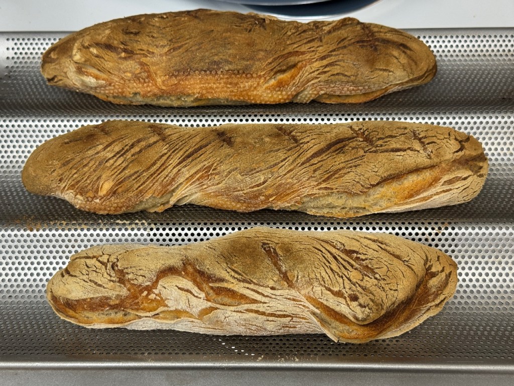 Plaque à trois baguettes, avec une baguette bien cuite dans chaque puits.