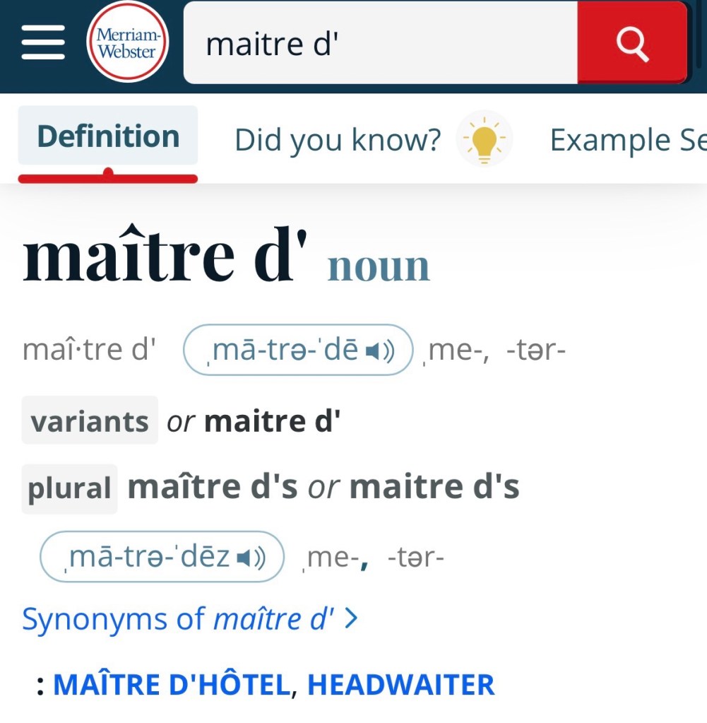 Entrée du dictionnaire Merriam-Webster pour "maitre d'"