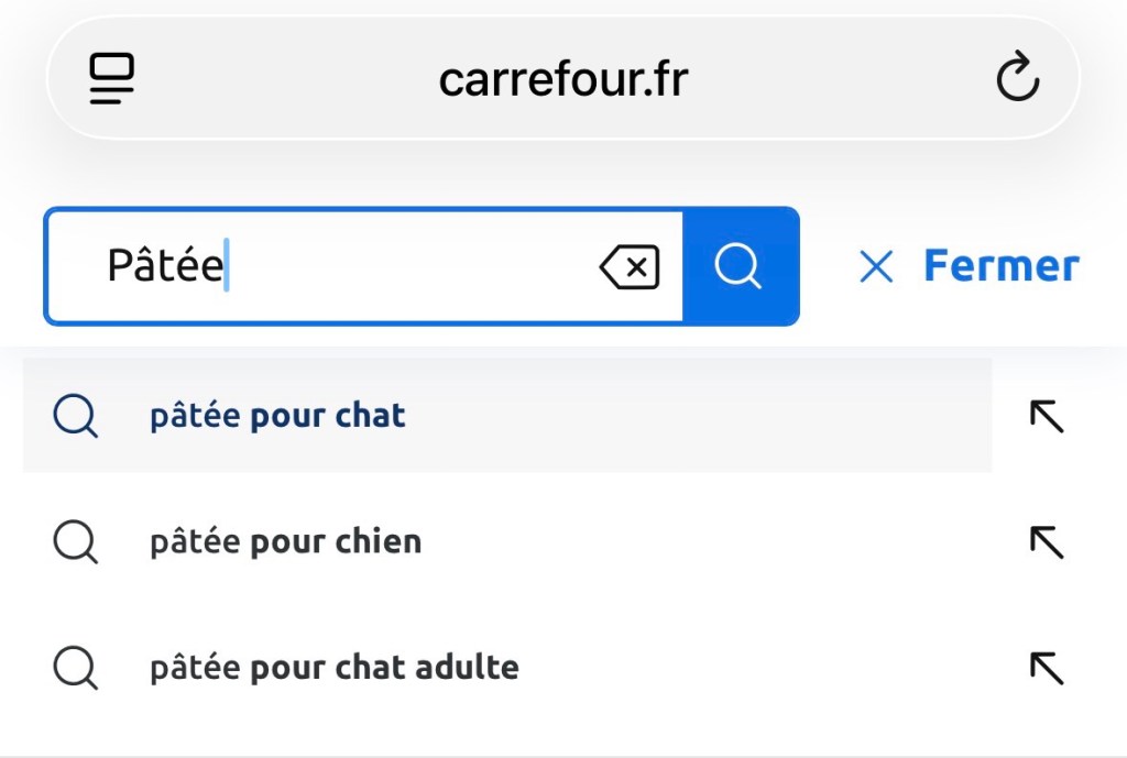 Capture d'écran de la barre de recherche chez Carrefour : « pâtée » se métamorphose en « pâtée pour chat/chien/chats adultes ».