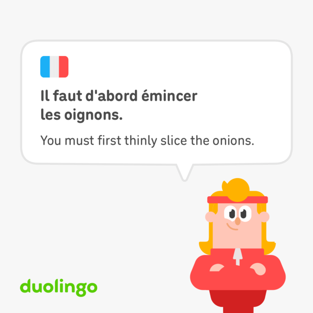 Capture d'écran où la bonne réponse est « Il faut d'abord émincer les oignons. »