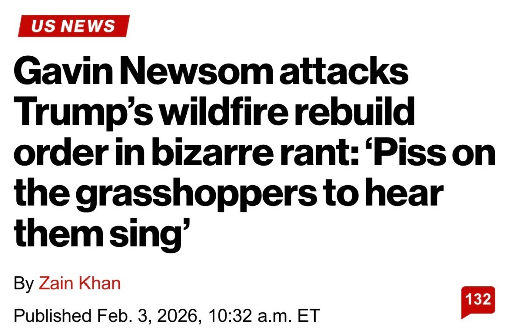Gros titre du New York Post qui dit en anglais : Gavin Newsom attacks Trump’s wildfire rebuild order in bizarre rant: ‘Piss on the grasshoppers to hear them sing’