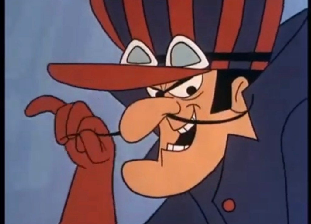 Dick Dastardly, son visage en gros-plan, prend sa moustache entre son pouce et son index
