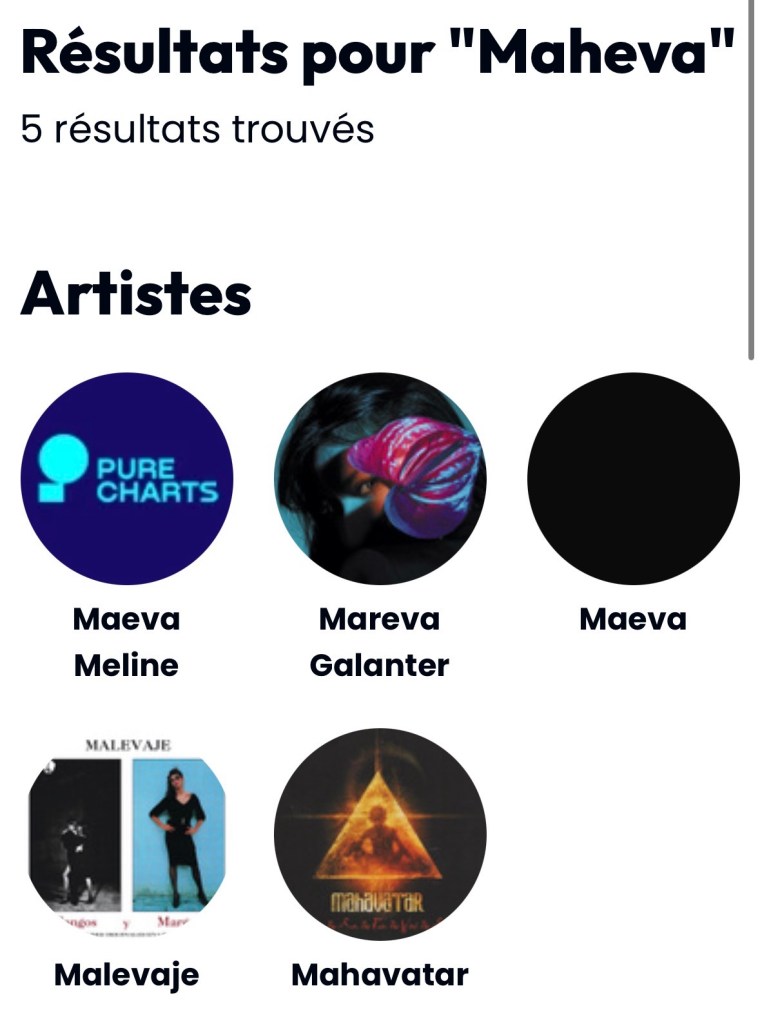 Résultats de rechercher Purecharts pour le nom Maheva ; il y en a 5, mais aucun n'est le bon
