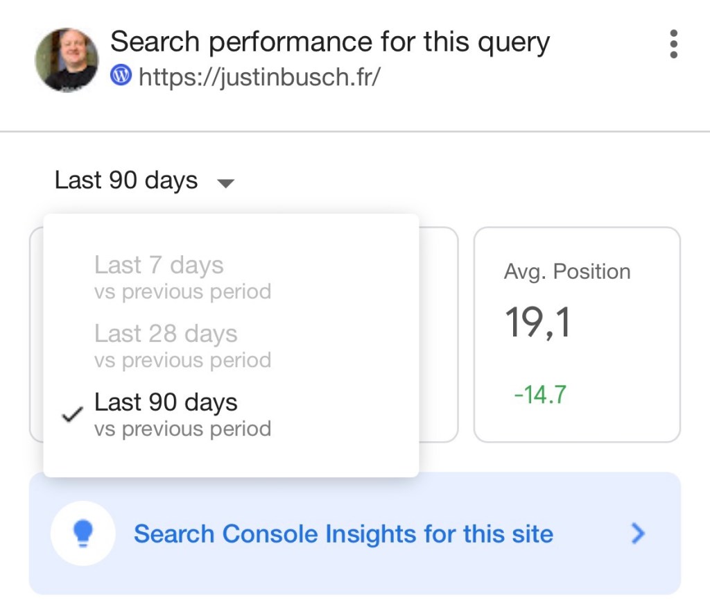 Capture d'écran pour les statistiques pour les mots clés « blague drôle à tomber par terre » -- le menu montre qu'il n'y a pas de données pour les 7 et 28 derniers jours, juste les 90 derniers.