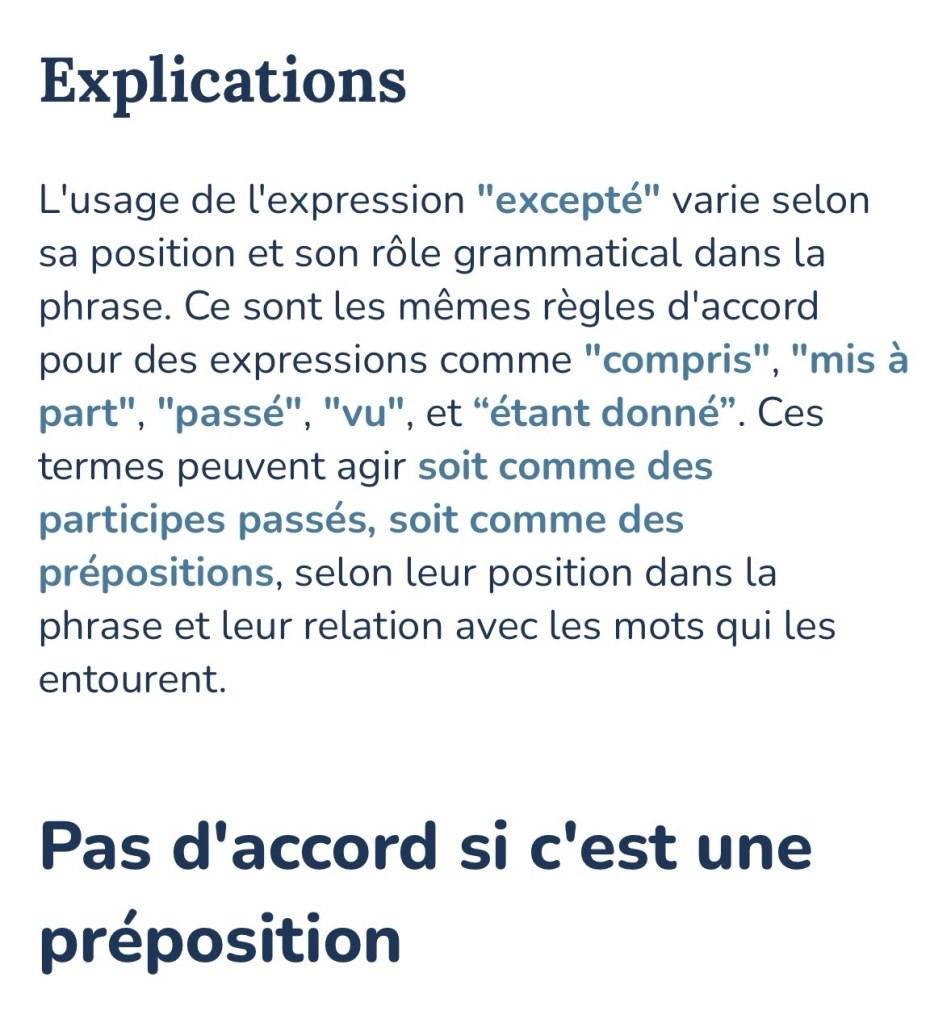 L'usage du mot « excepté » selon sa position