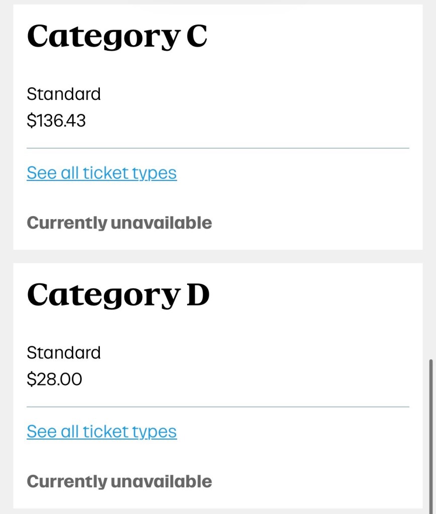 Catégorie D : 28 $, Catégorie C : 136 $