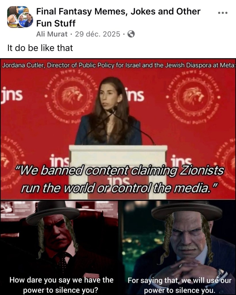 Capture d'écran avec un même avec une femme en haut et deux photos du président Shinra en bas, déguisé comme un juif religieux avec un chapeau noir et de longs cheveux bouclés.