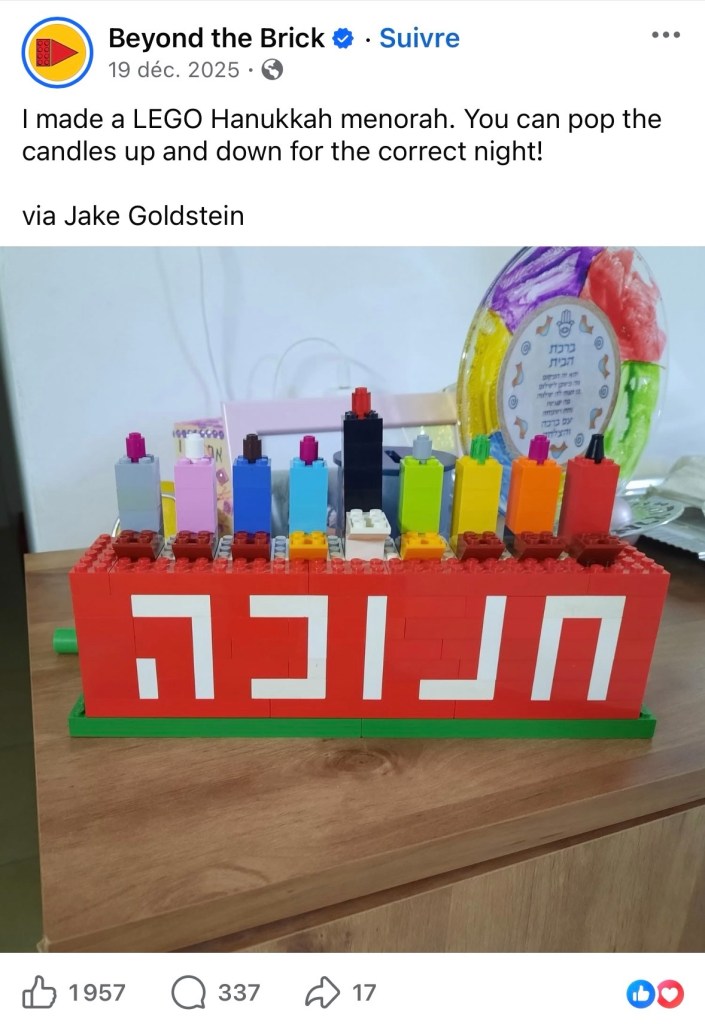 Menorah avec 9 "bougies" dans les couleurs de l'arc-en-ciel. La base est rouge.