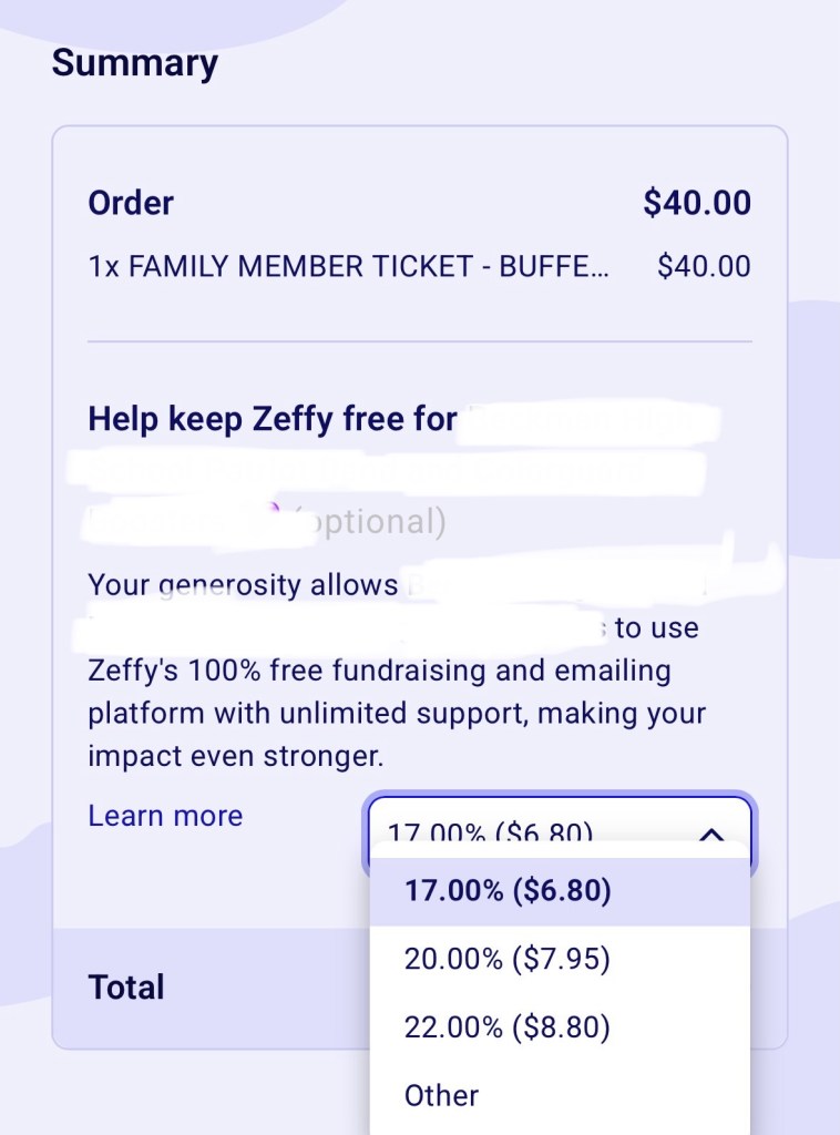 Capture d'écran du site Zeffy. Il y a un total de 40 $, suivi par une demande d'ajouter 17, 20 ou 22 % en paiement facultatif à Zeffy.