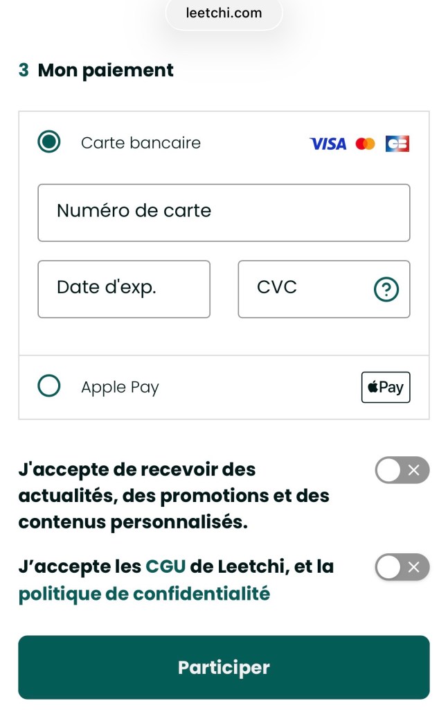 Capture d'écran de paiement chez Leetchi. Après les détails de paiement, il n'y a que deux conditions à accepter, avec des cases à cocher pour dire oui ou non. Puis le bouton pour finaliser le paiement.