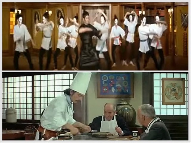 Collage de deux captures d'écran : en haut, la « danse karaté » de L'Homme orchestre avec Louis de Funès habillé comme un ronin, et les danseuses dans des "gi" de karaté. En bas : la scène dans un resto teppanyaki de L'Aile ou la cuisse, où Louis est assis devant un chef japonais.