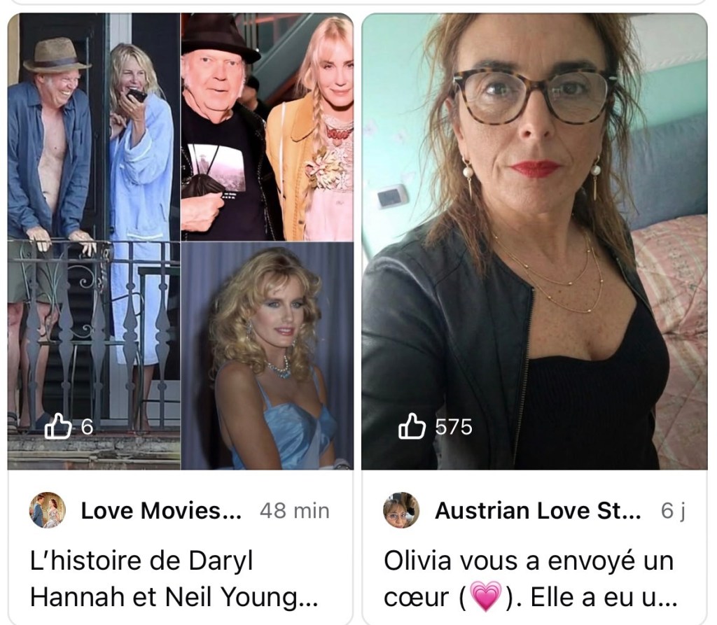 Deux résultats pour "un coup de foudre@ mais celui à gauche est un compte de ragots sur les célébrités. À droit, il y a une photo d'une dame de peut-être 60 ans qui regarde droit dans l'appareil photo, avec la légende « Olivia vous a envoyé un cœur ».