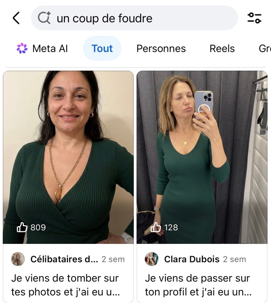 Deux résultats avec des photos de couverture de jeunes femmes qui se prennent en selfie, avec des légendes « Je viens de tomber sur tes photos/ton profil ».