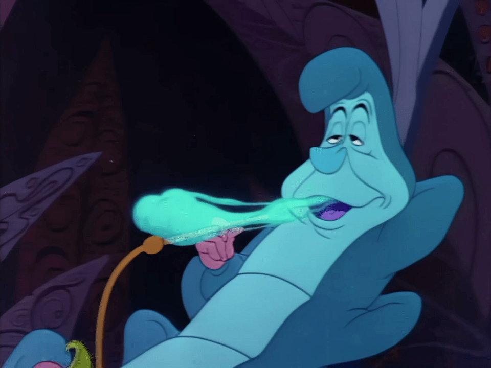 C'est une chenille bleu au visage humain. Il est assis et fume un narguilé. De la fumée bleue sort de sa bouche.