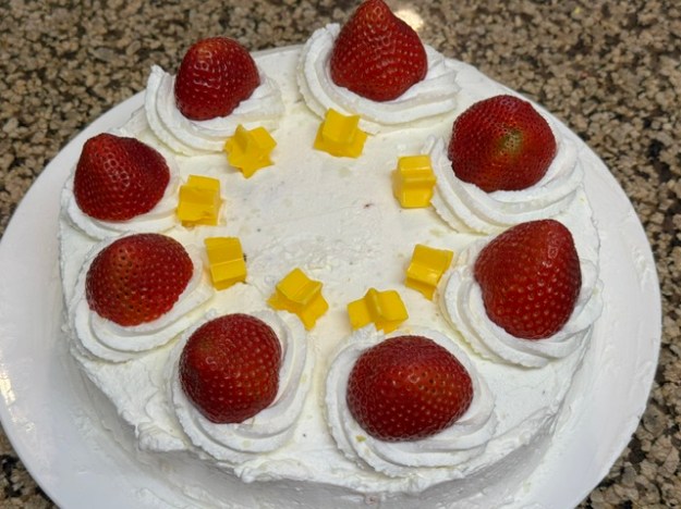 Même gâteau, mais cette fois avec des étoiles jaunes en chocolat devant chaque cercle de chantilly